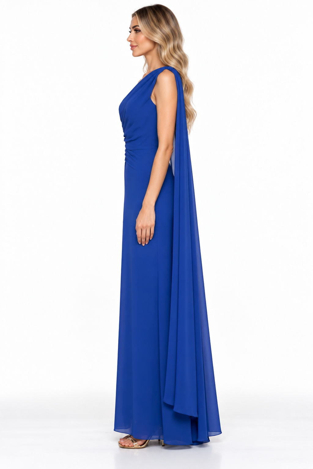 Royal Blue One-Shoulder Draped Chiffon Maxi Dress - Azure