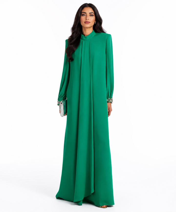 Crystal-Cuff Draped Gown - Emerald