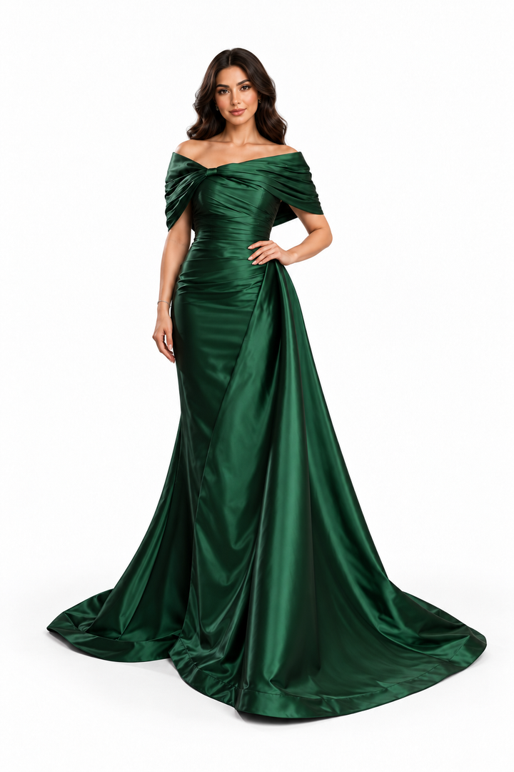 Off-Shoulder Draped Satin Evening Gown - Enchantment