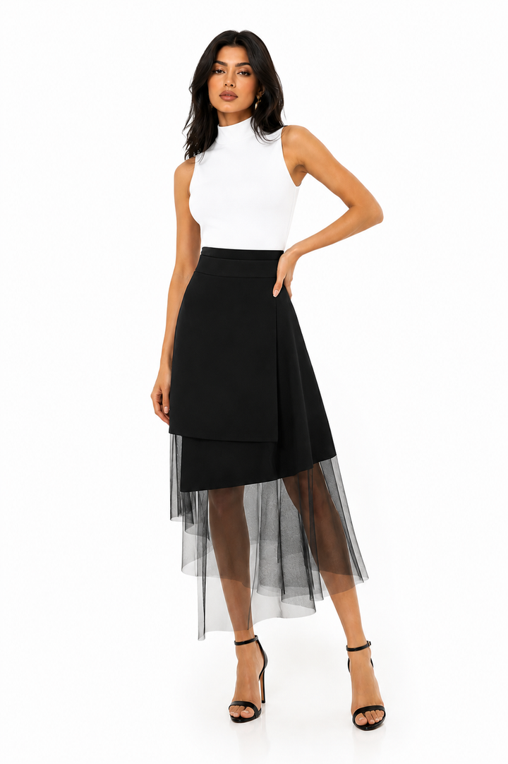 Asymmetric Tulle Midi Skirt – Veil