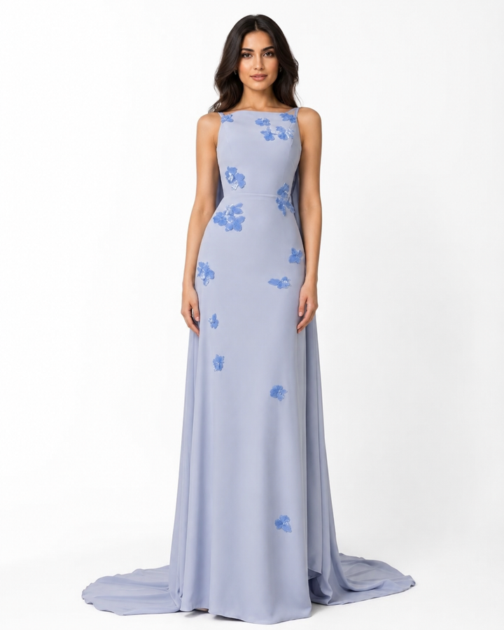 Floral Appliqué Cape Gown - Sky
