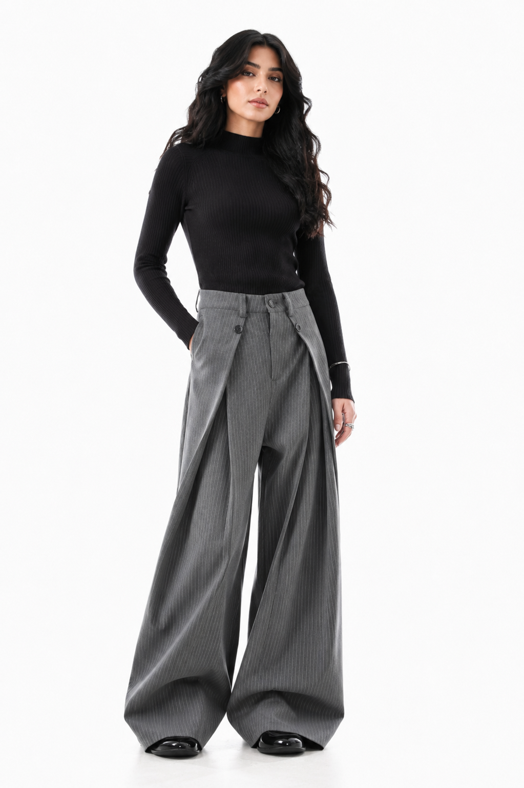 Grey Pinstripe Layered Wide-Leg Pants – Slate
