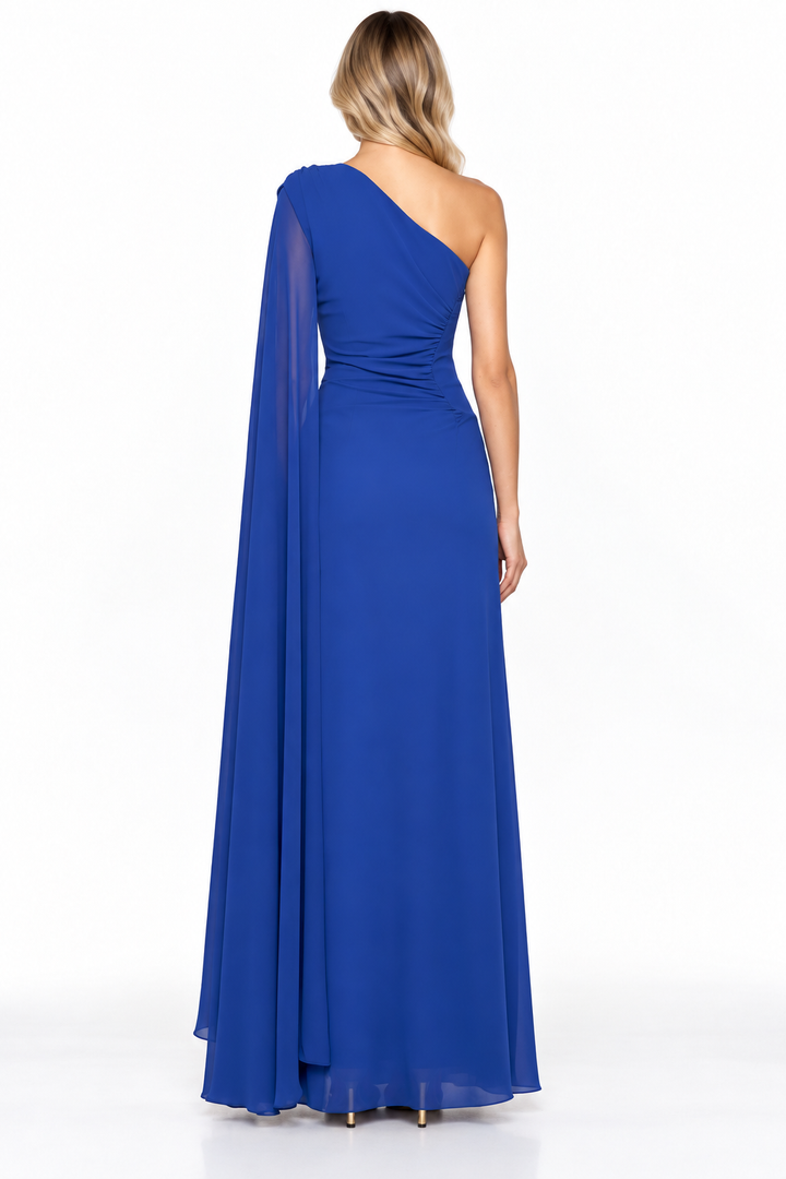 Royal Blue One-Shoulder Draped Chiffon Maxi Dress - Azure