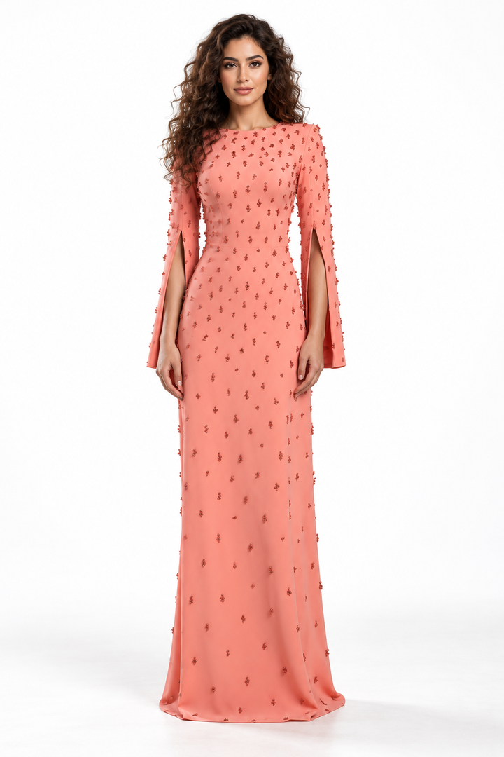 Coral Pink Embellished Cape Maxi Dress - Serena