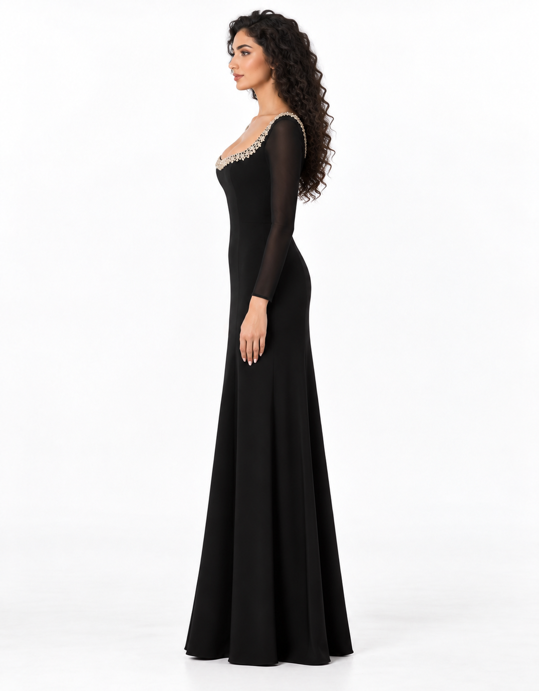 Crystal Scoop Neck Long Sleeve Evening Gown - Sovereign