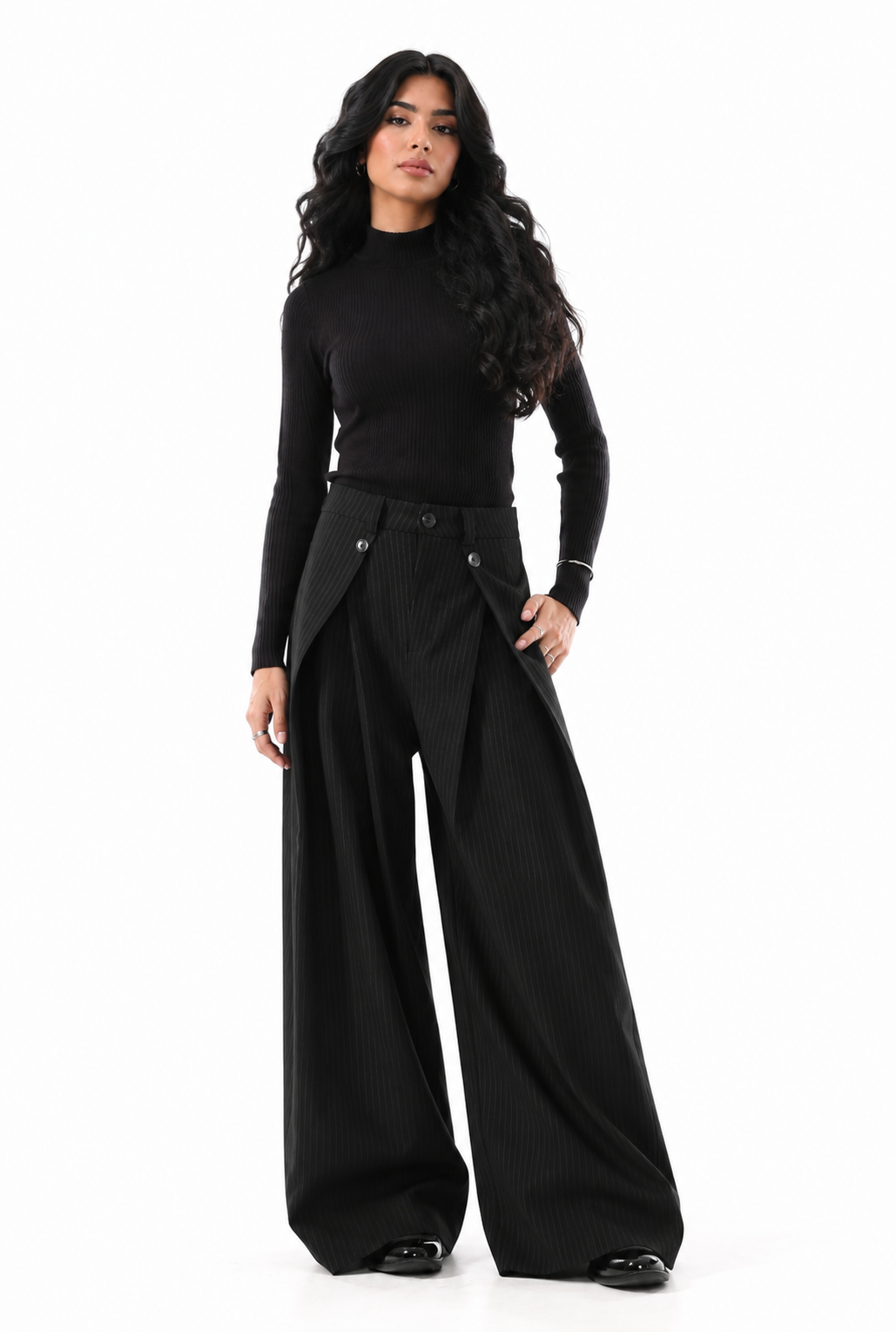 Grey Pinstripe Layered Wide-Leg Pants – Slate