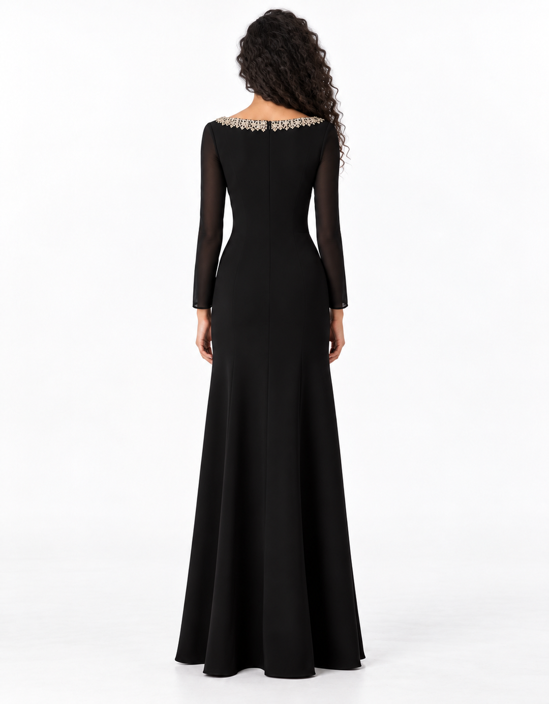 Crystal Scoop Neck Long Sleeve Evening Gown - Sovereign