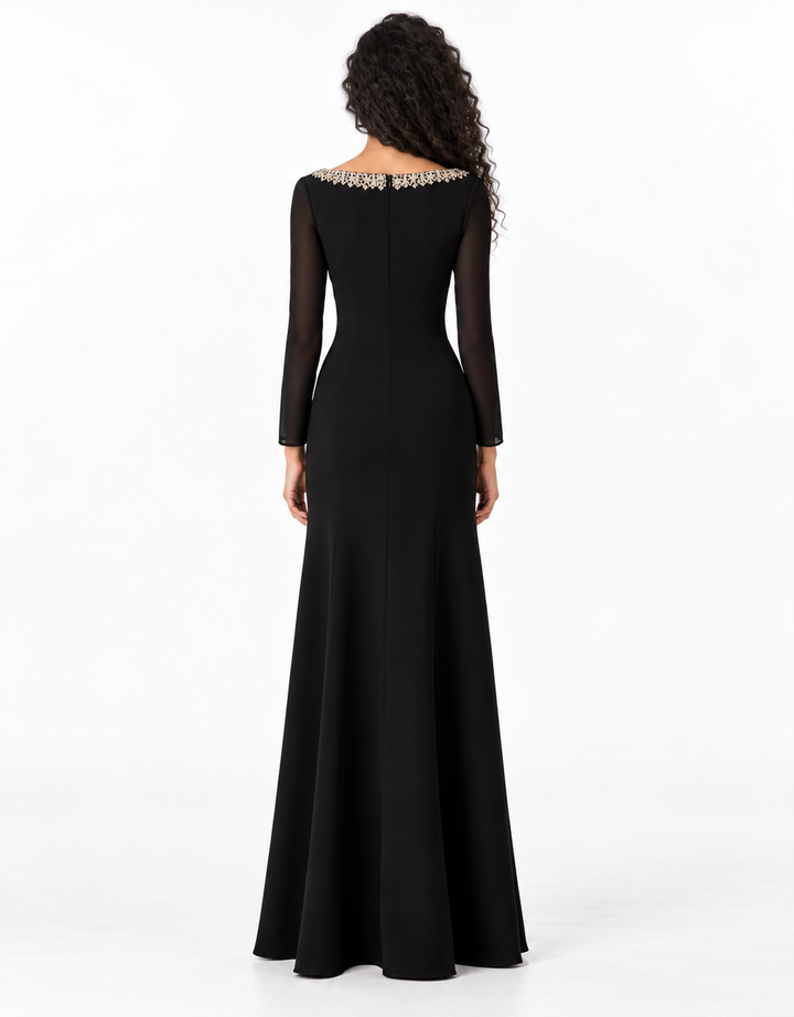 Crystal Scoop Neck Long Sleeve Evening Gown - Sovereign