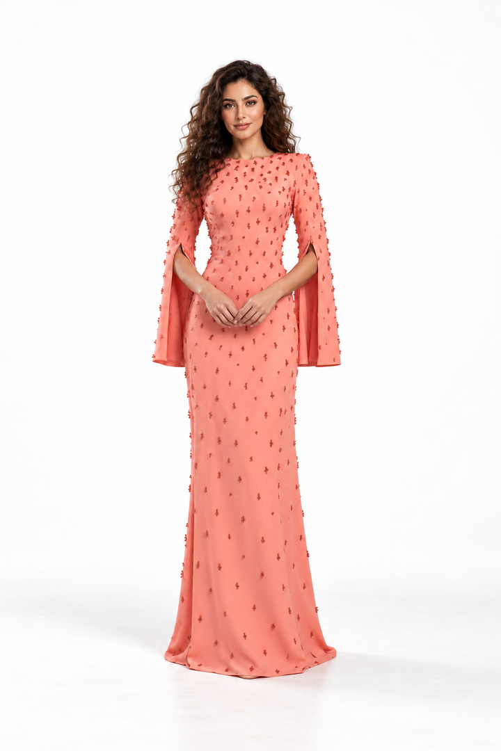 Coral Pink Embellished Cape Maxi Dress - Serena