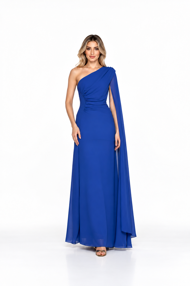 Royal Blue One-Shoulder Draped Chiffon Maxi Dress - Azure