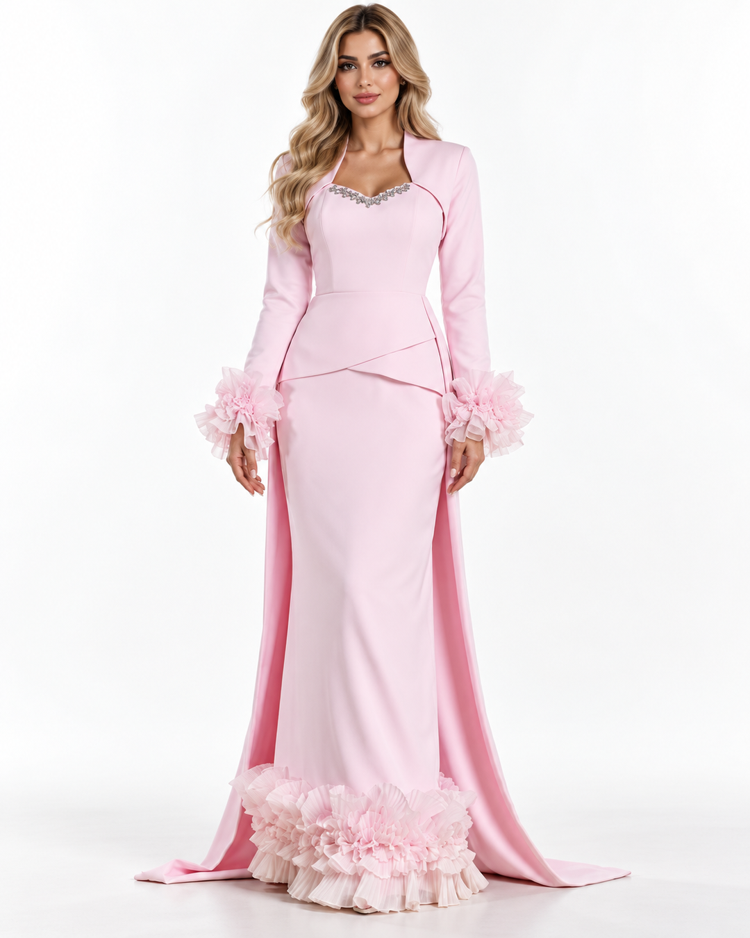 Crystal Neckline Floral Cuff Evening Gown - Reverie