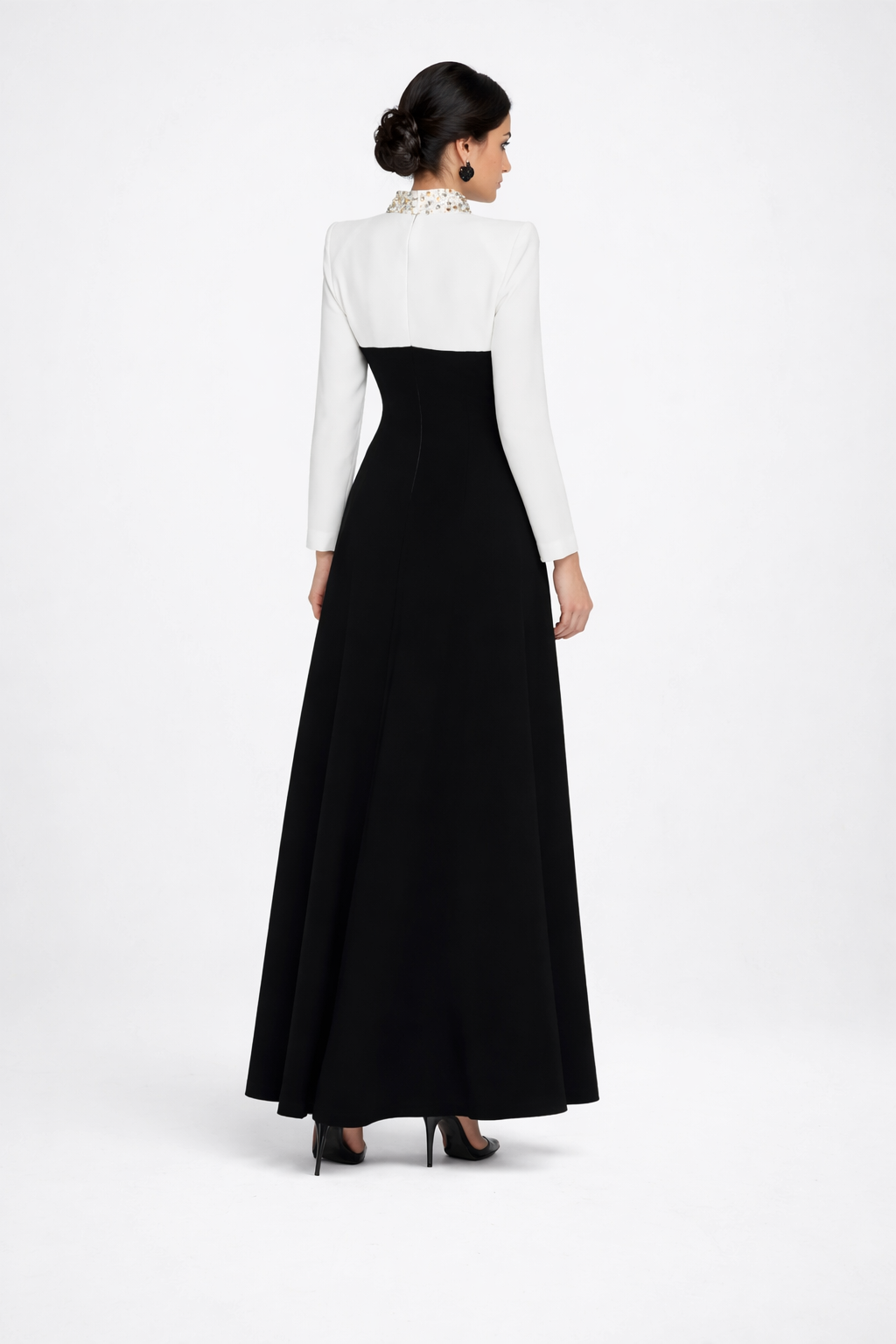 high-neck two-tone maxi dress with embellished collar – MONARCH