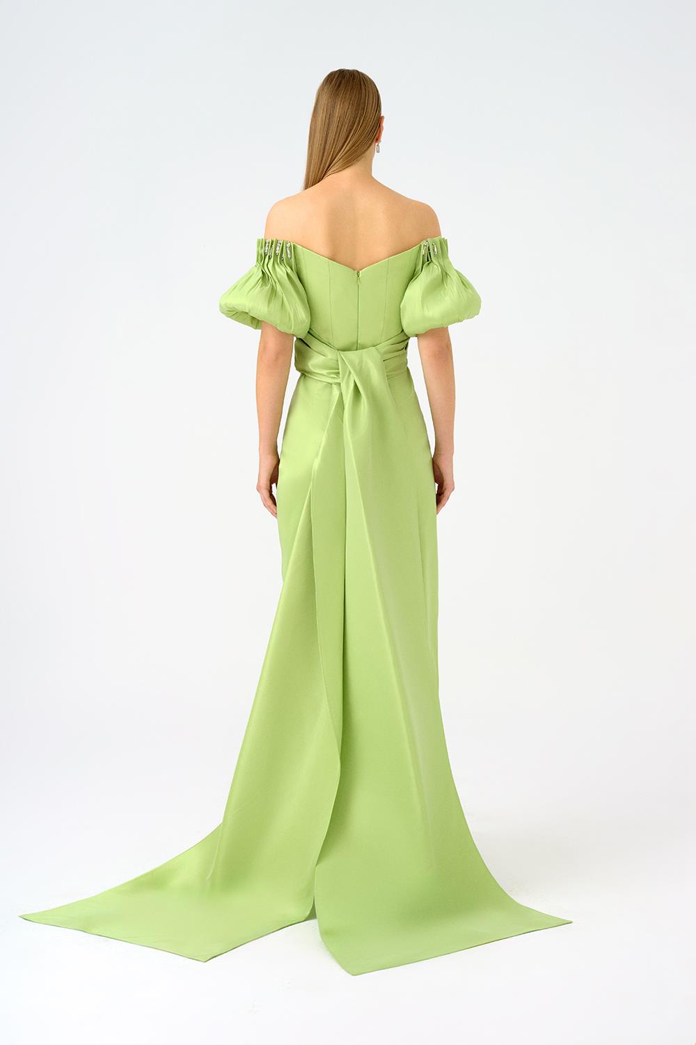 off-shoulder satin gown with puff sleeves – AURELIA