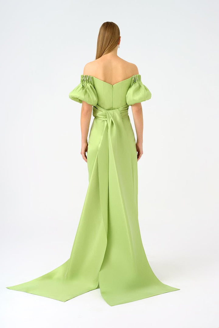 off-shoulder satin gown with puff sleeves – AURELIA