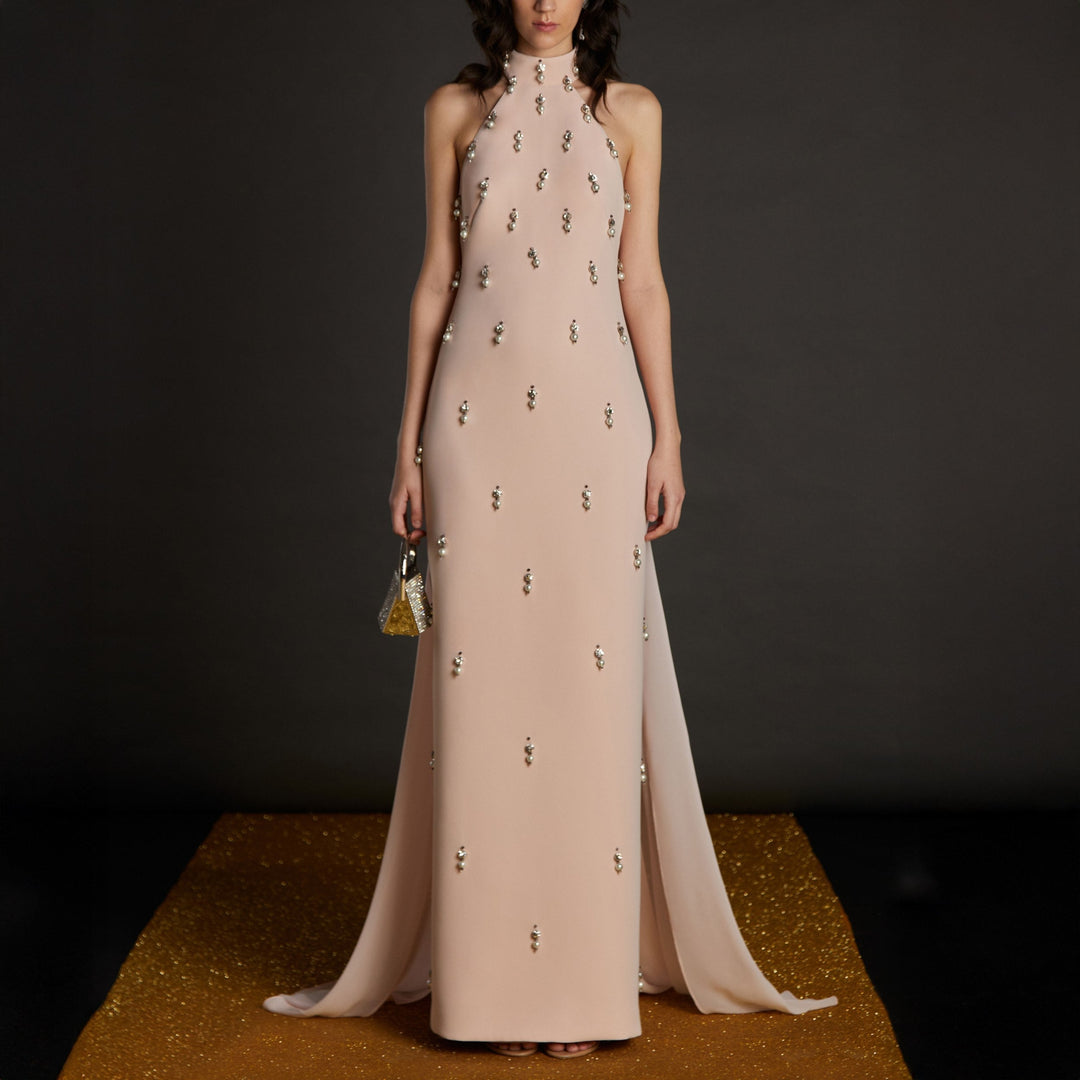 halter embellished gown with flowing side panels – LUCINE