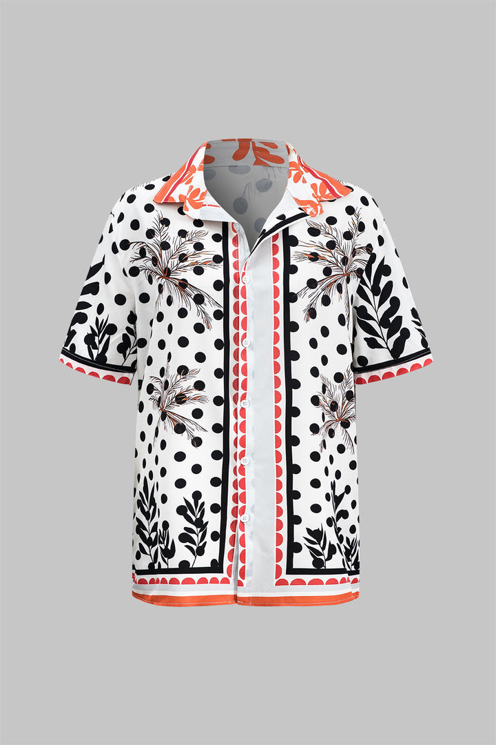 Polka Dots Print Button Short Sleeve Shirt And Ruched Tie Front Shorts Set