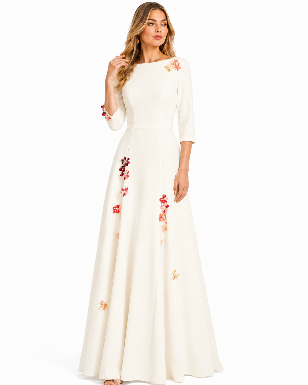 Floral Embellished Ivory A-Line Maxi Dress - Blossom