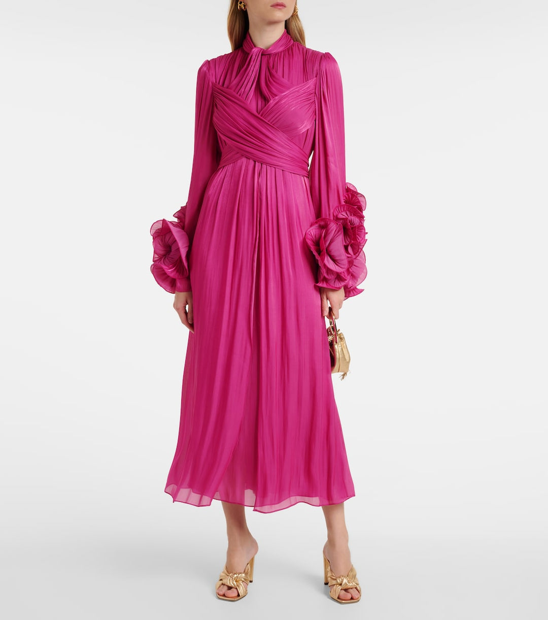 pleated chiffon midi dress with floral cuffs – FUCHSIA