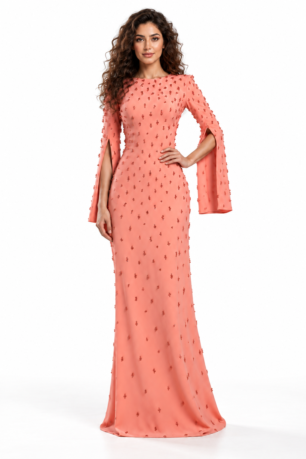 Coral Pink Embellished Cape Maxi Dress - Serena