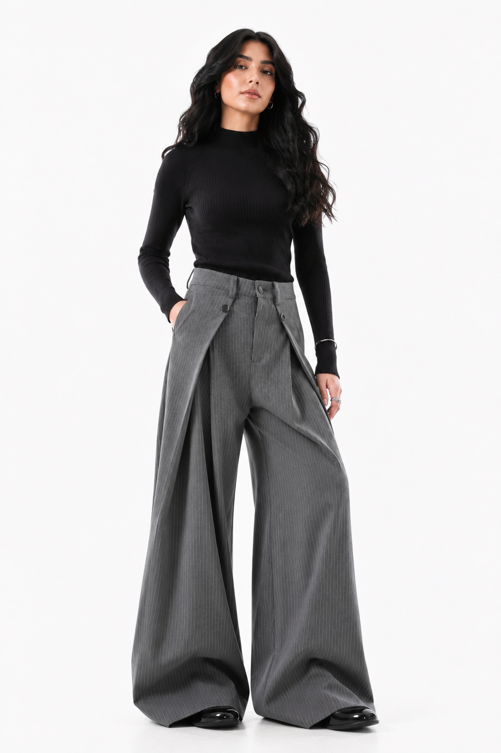 Grey Pinstripe Layered Wide-Leg Pants – Slate