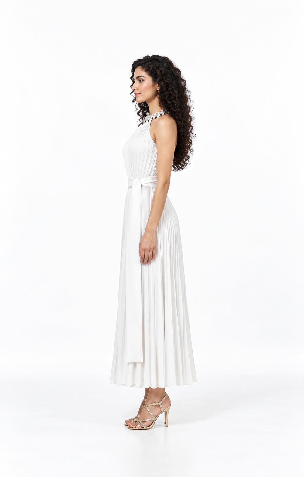 Embellished Halter Pleated Midi Dress - Solenne