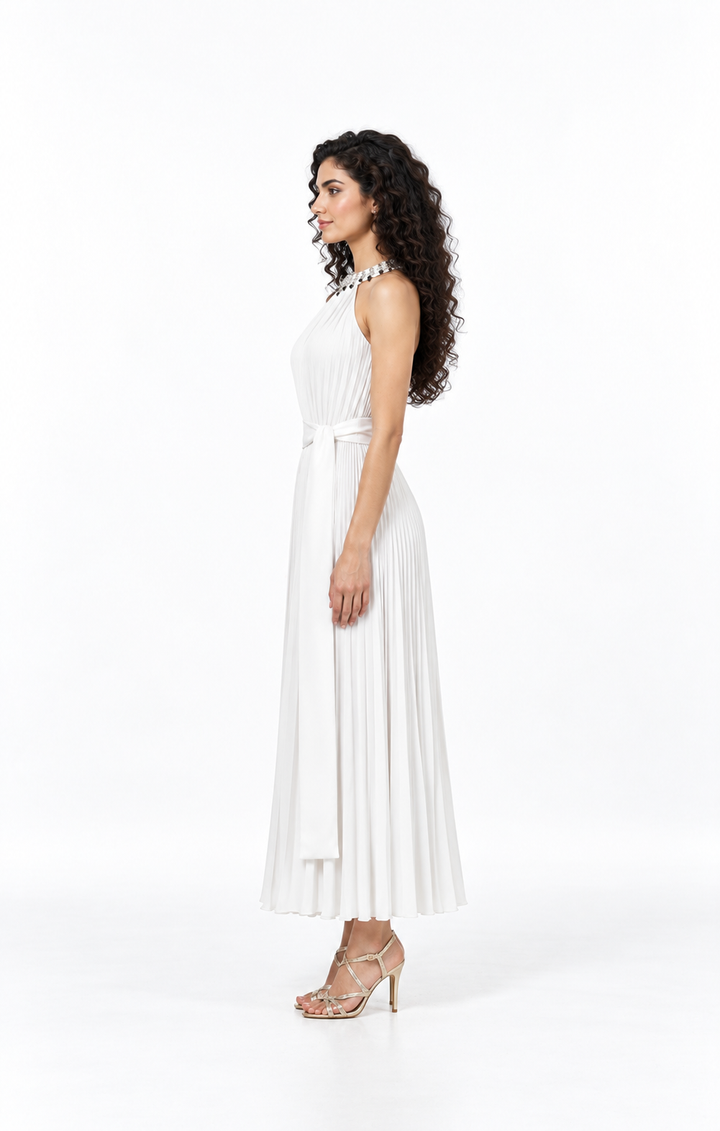 Embellished Halter Pleated Midi Dress - Solenne