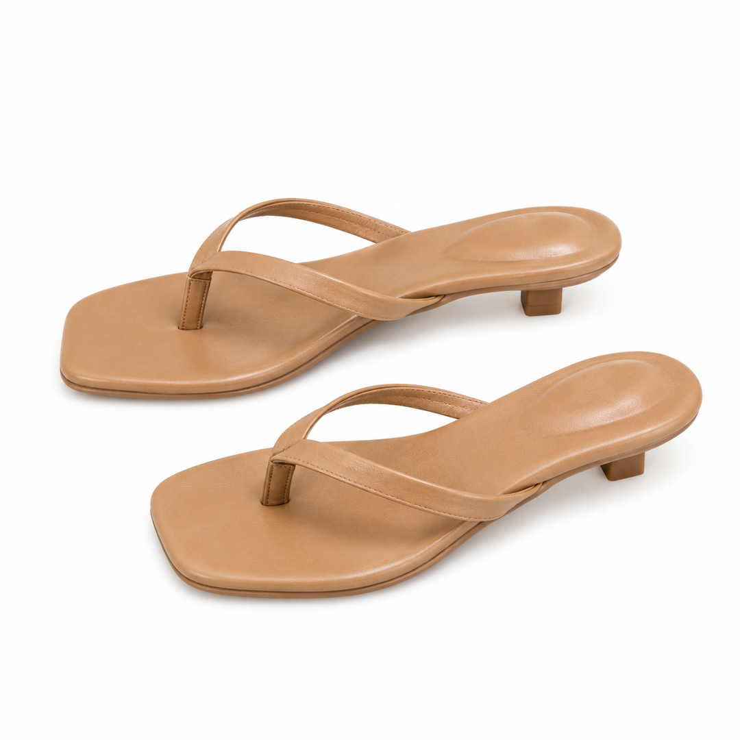 Sleek Square-Toe Kitten Heel Sandals - Mocha