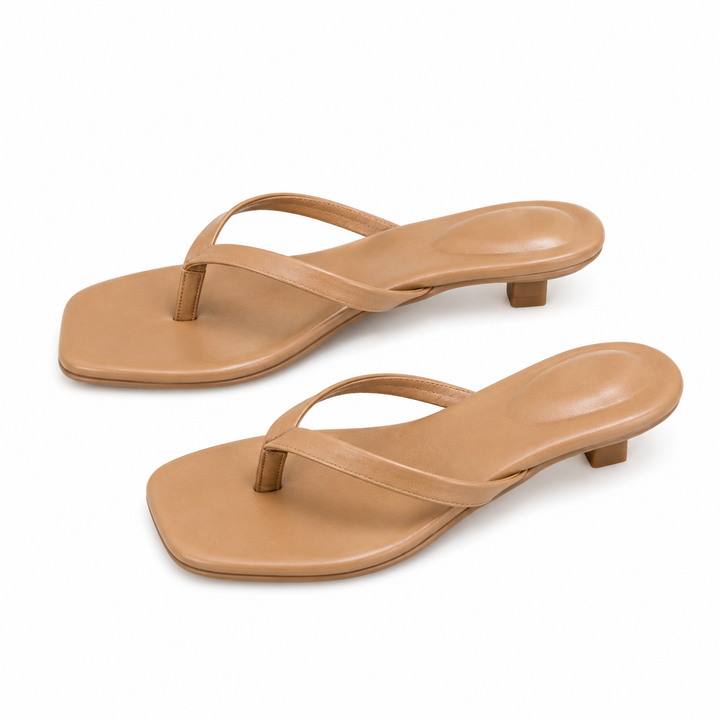 Sleek Square-Toe Kitten Heel Sandals - Mocha