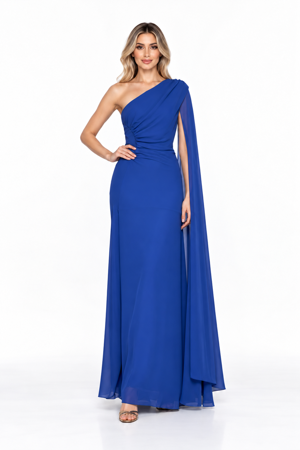 Royal Blue One-Shoulder Draped Chiffon Maxi Dress - Azure