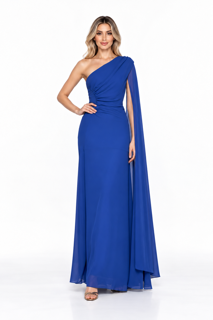 Royal Blue One-Shoulder Draped Chiffon Maxi Dress - Azure