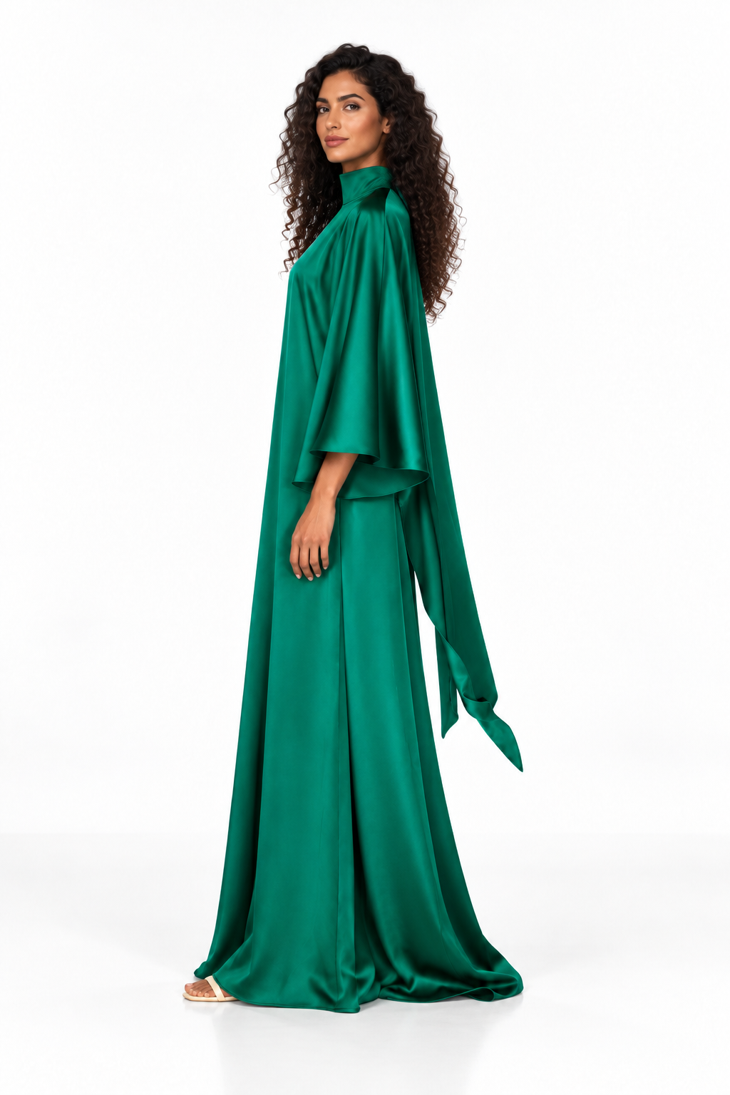 High-Neck Satin Cape Evening Gown - Elysia