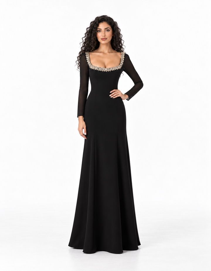 Crystal Scoop Neck Long Sleeve Evening Gown - Sovereign