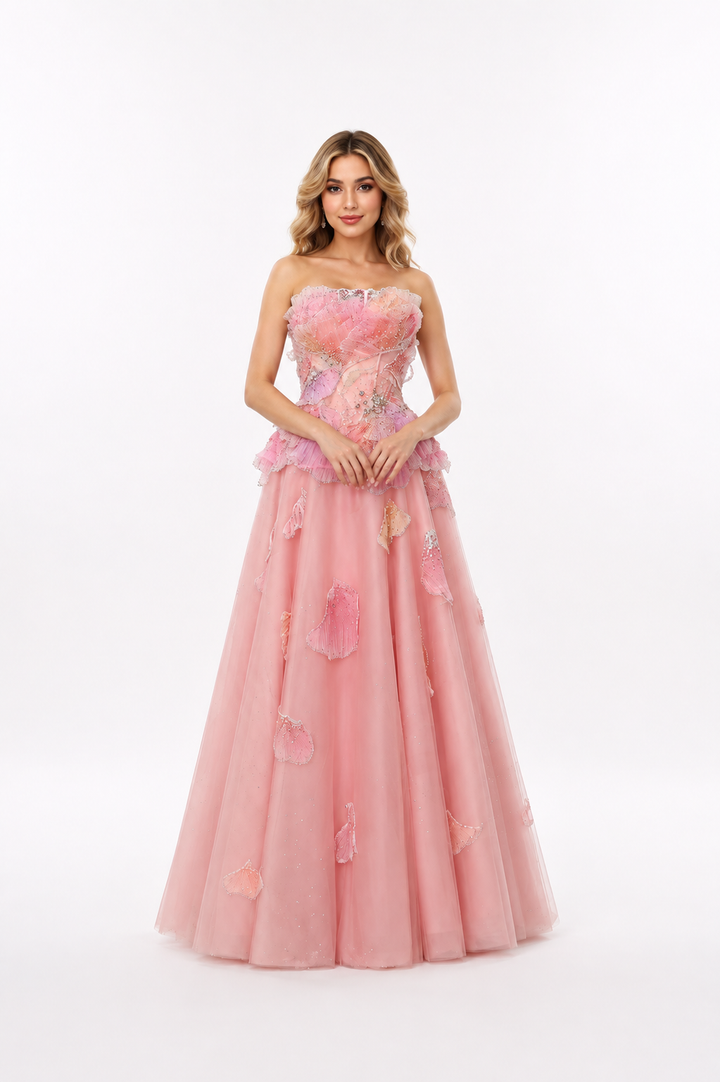 Floral Embellished Strapless Gown – ROSÉA