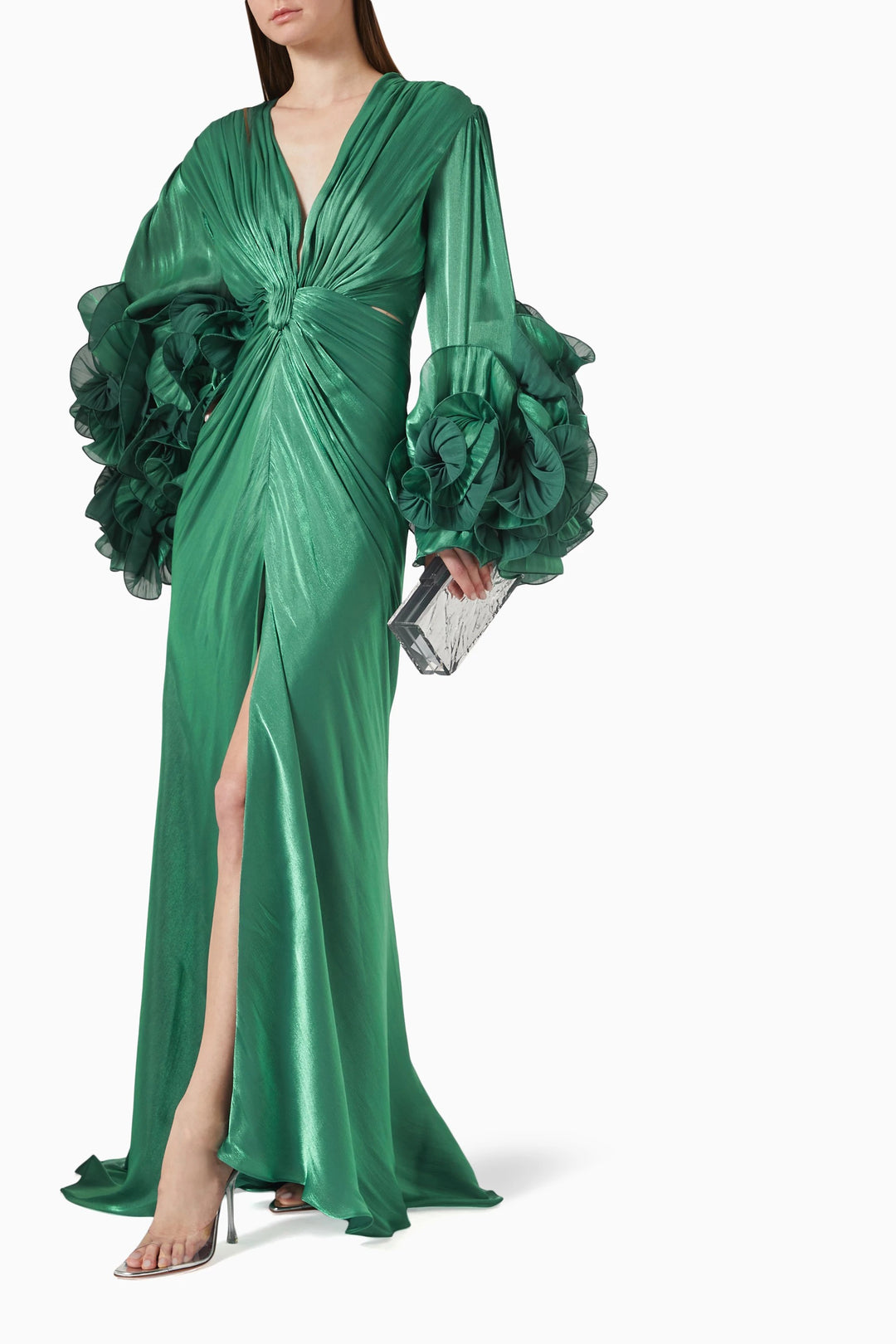 ruched satin gown with ruffled sleeves – EMERALD