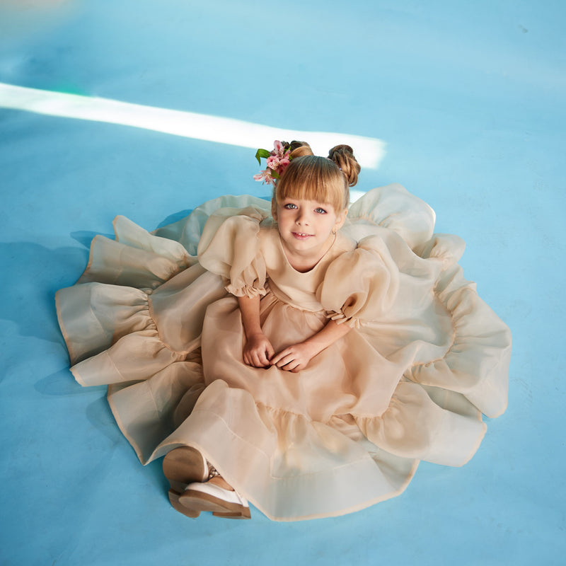 Long Black Tiered Organza Dress with Puff Sleeves – NOIR