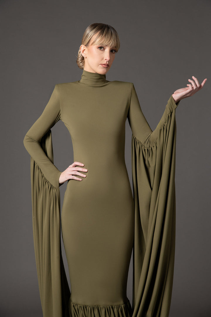 high-neck column gown with dramatic draped sleeves – OLIVIAE