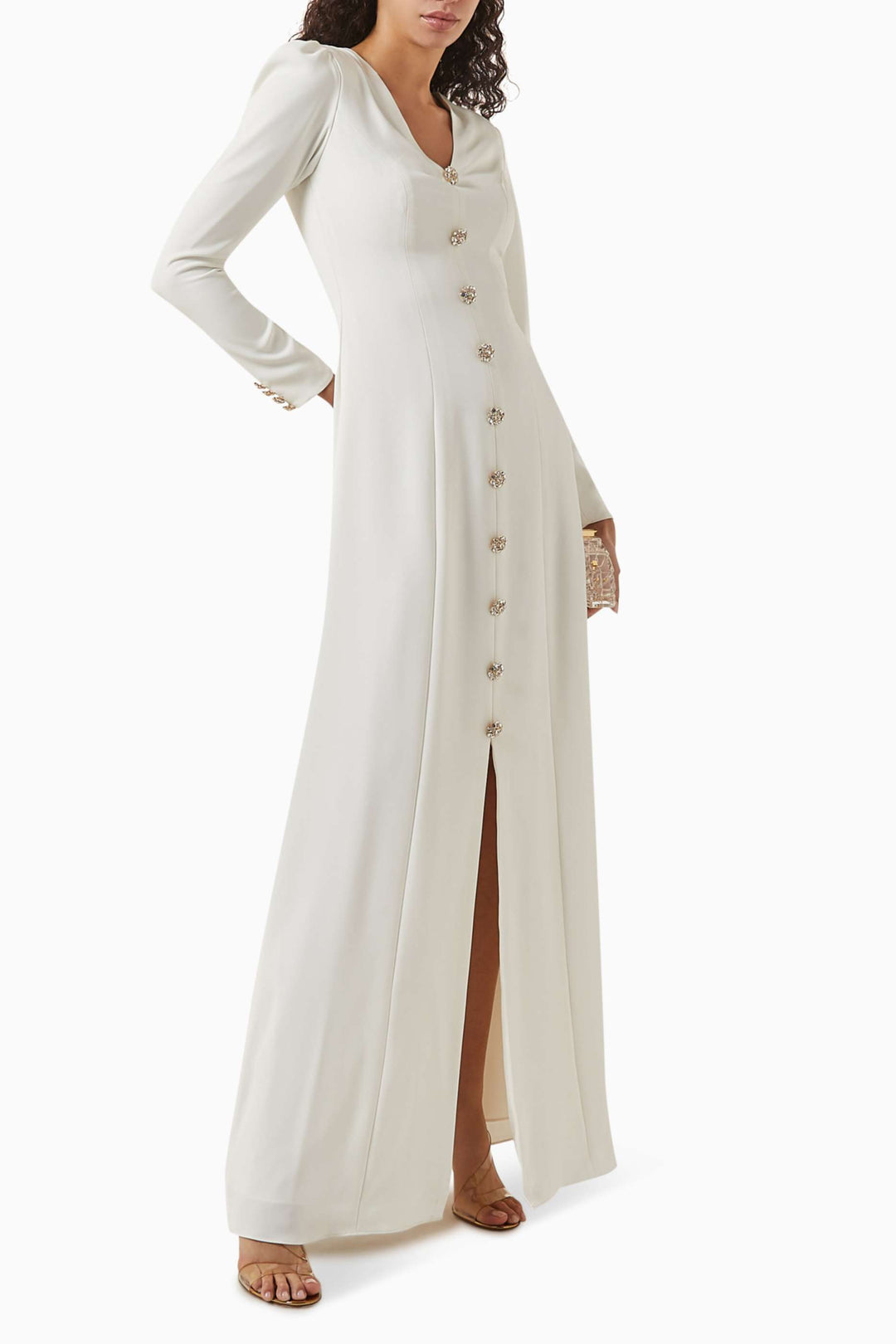 draped neckline gown with jeweled buttons – IVORY