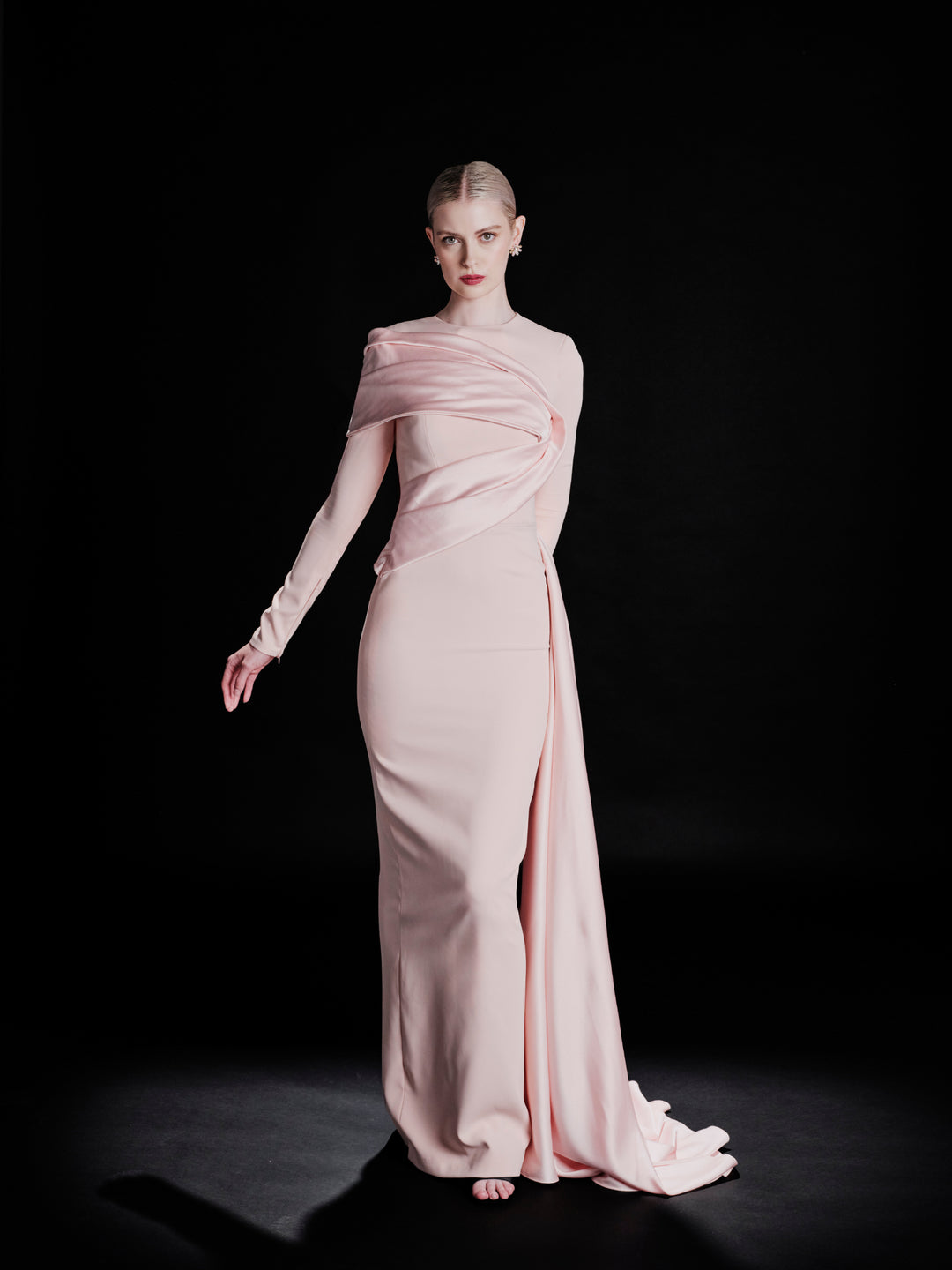long-sleeve draped column evening gown – RUBINA