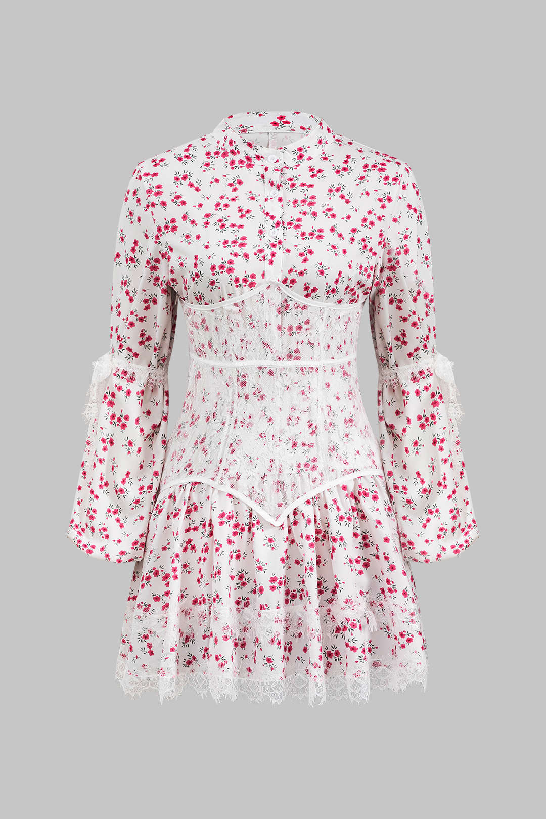 Ditsy Floral Print Lace Trim Corset Long Sleeve Mini Dress –