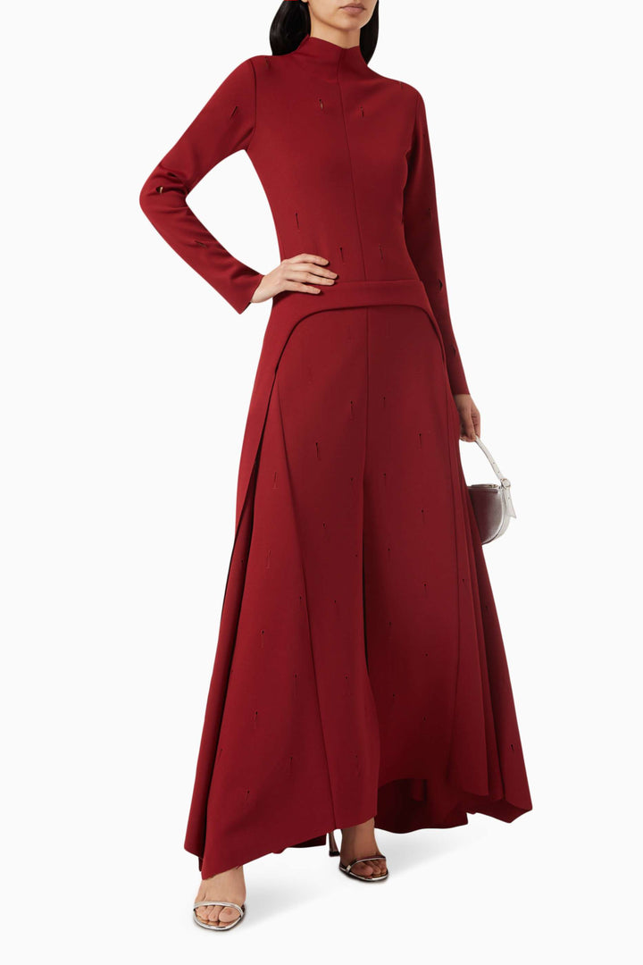 high-neck long-sleeve gown with front slit – RUBINA