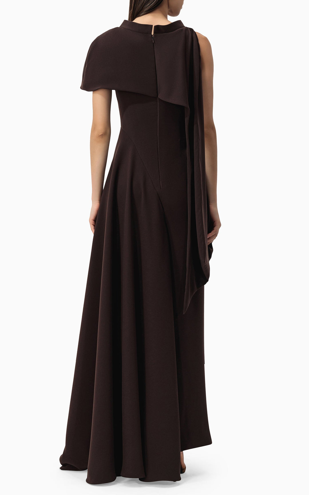 asymmetric draped gown with sculpted shoulder cape – NOIR