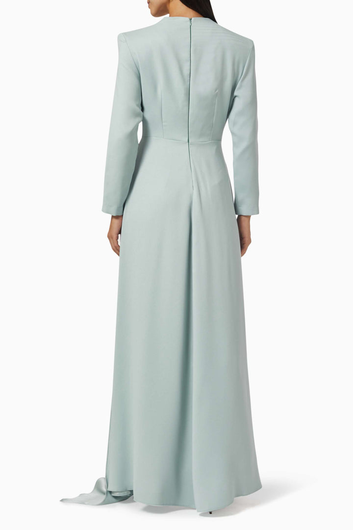 long-sleeve gown with embellished illusion neckline & draped sash – RHEA