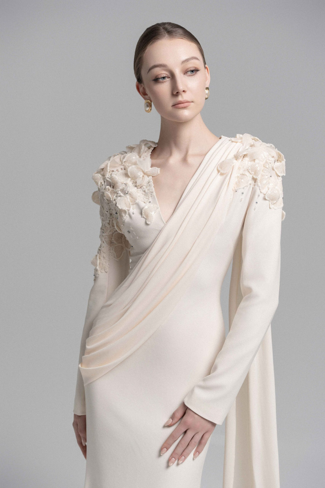 draped lace-embellished gown with floral shoulders – ELARIS