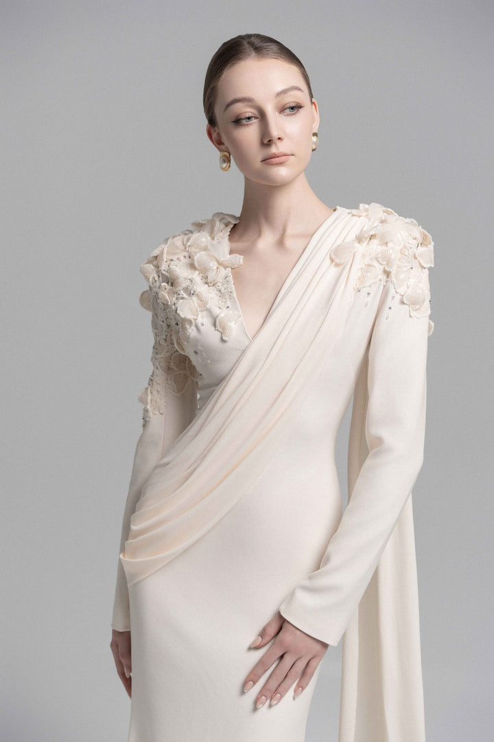 draped lace-embellished gown with floral shoulders – ELARIS
