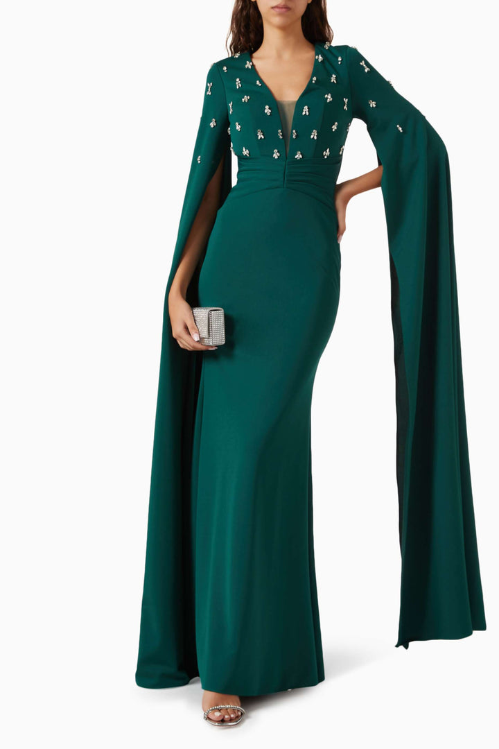 Embellished V-neck cape gown with fitted waist – EMERALDIA