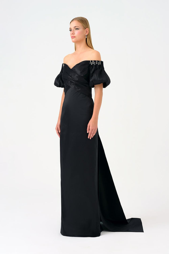off-shoulder satin gown with puff sleeves – AURELIA