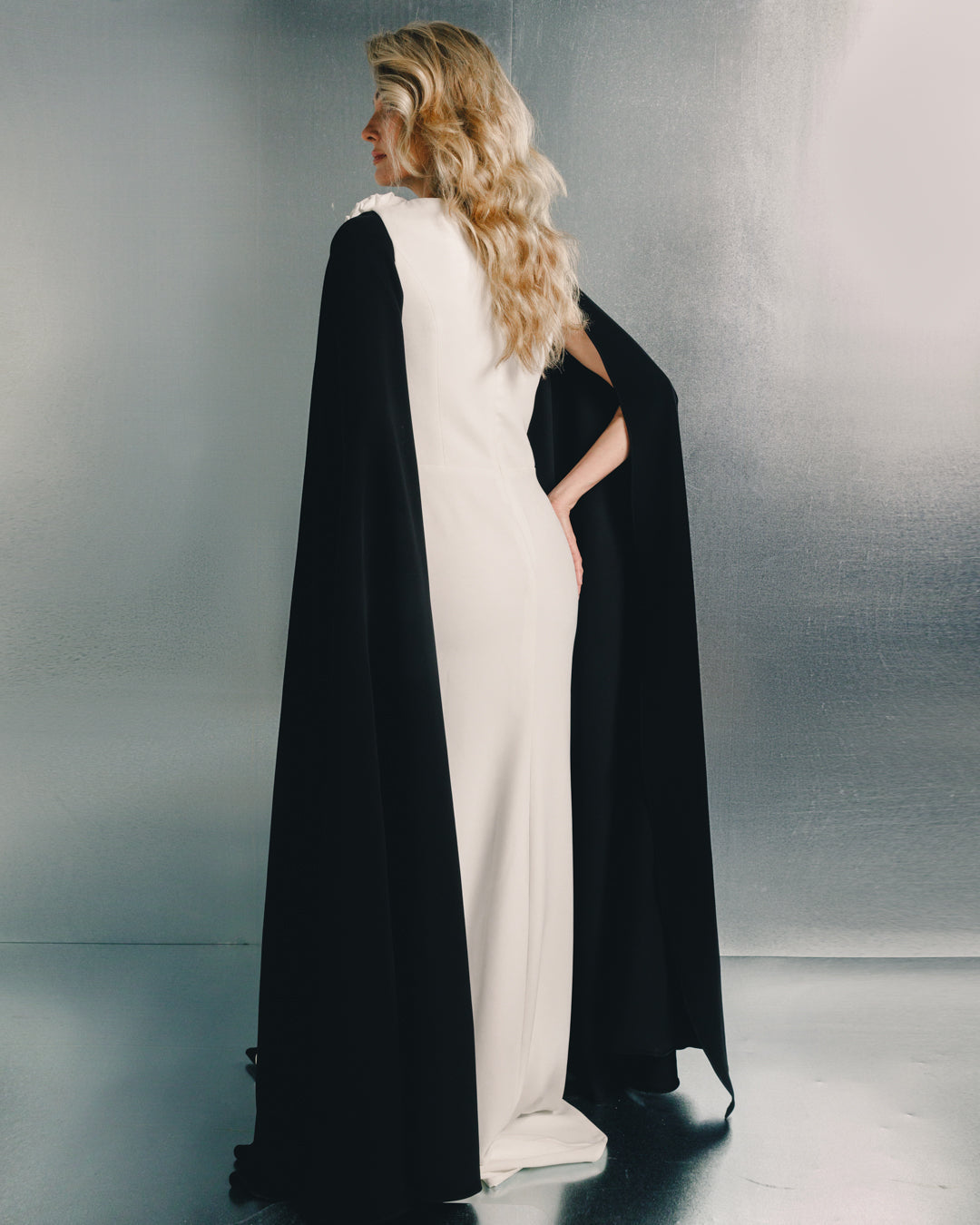 two-tone column gown with draped cape sleeves – AURORA