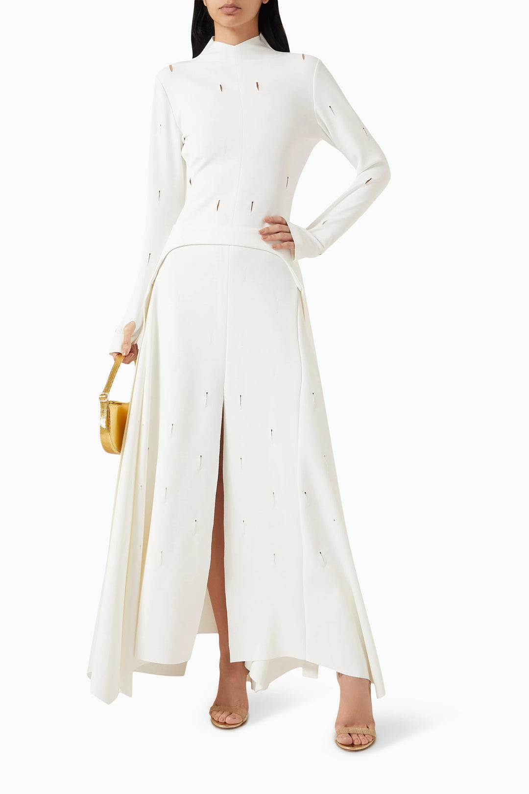 high-neck long-sleeve gown with front slit – RUBINA