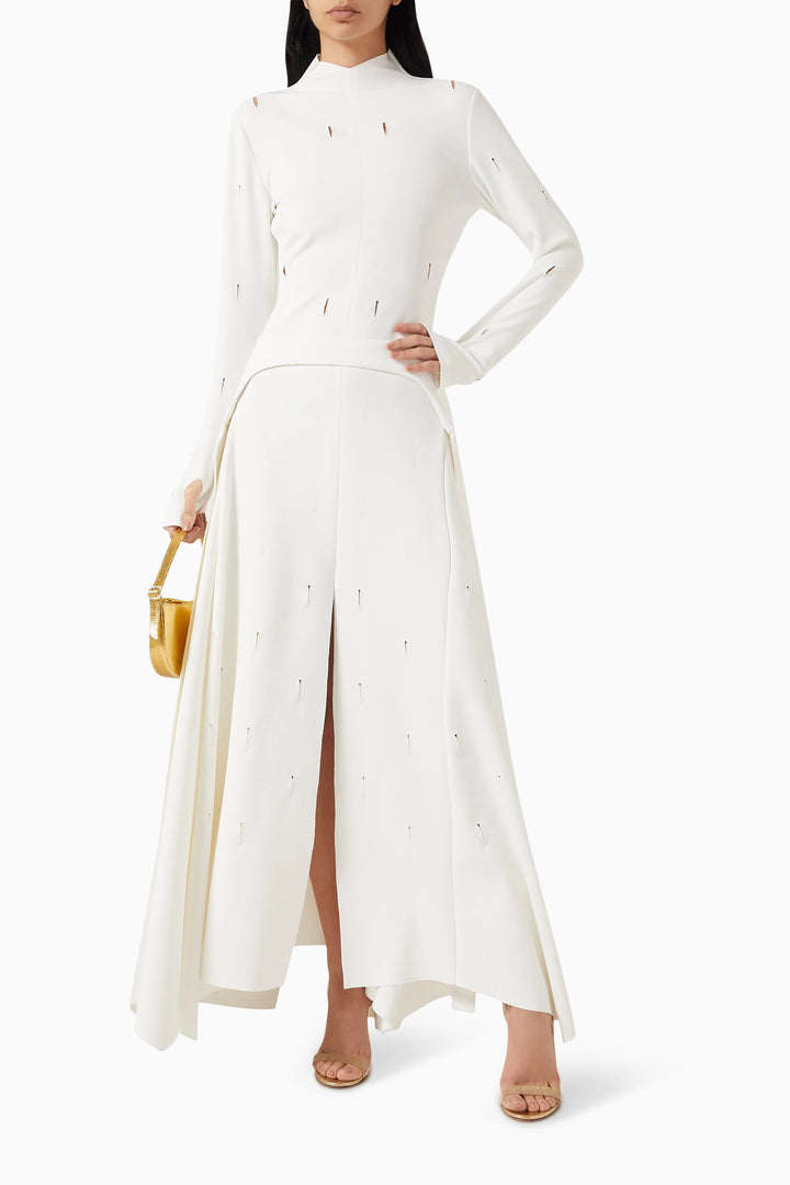 high-neck long-sleeve gown with front slit – RUBINA