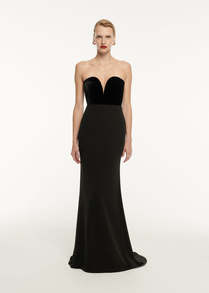 strapless velvet-bust column gown – VELORIA